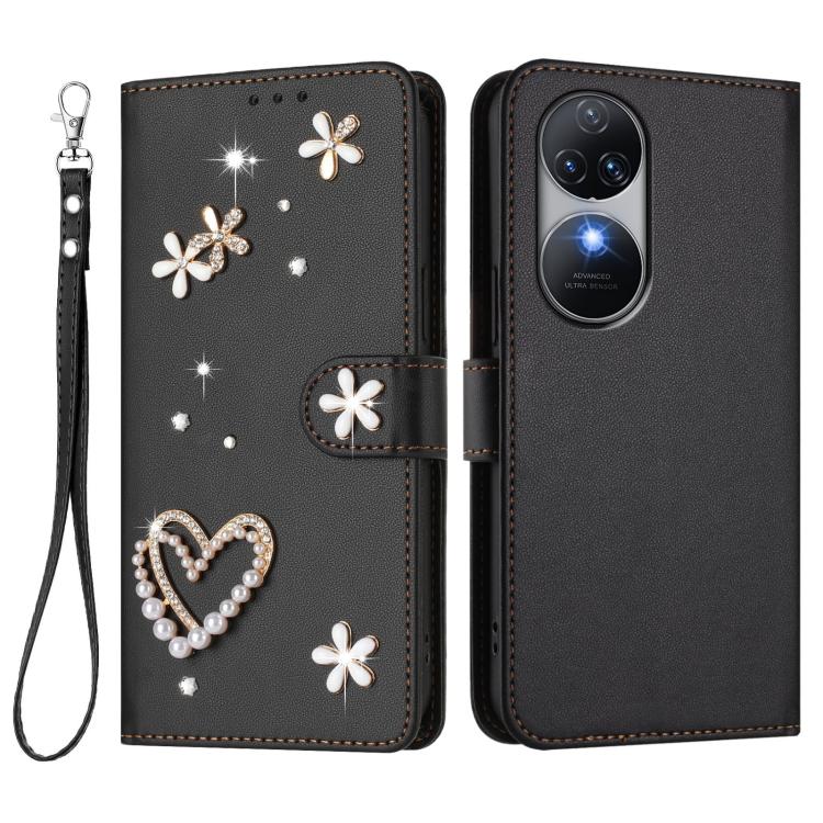 For Oukitel C38 ZS01 Double-Layer Heart Floral Vegan Leather Phone Case with Wrist Strap