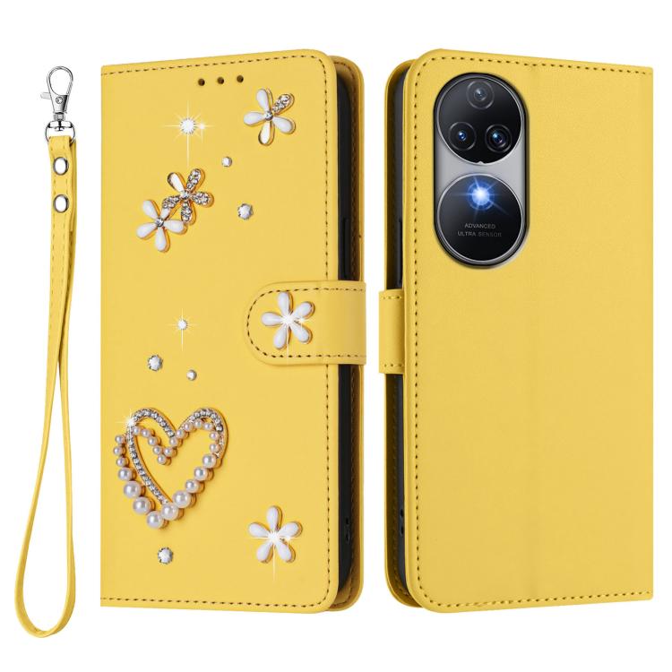 For Oukitel C38 ZS01 Double-Layer Heart Floral Vegan Leather Phone Case with Wrist Strap