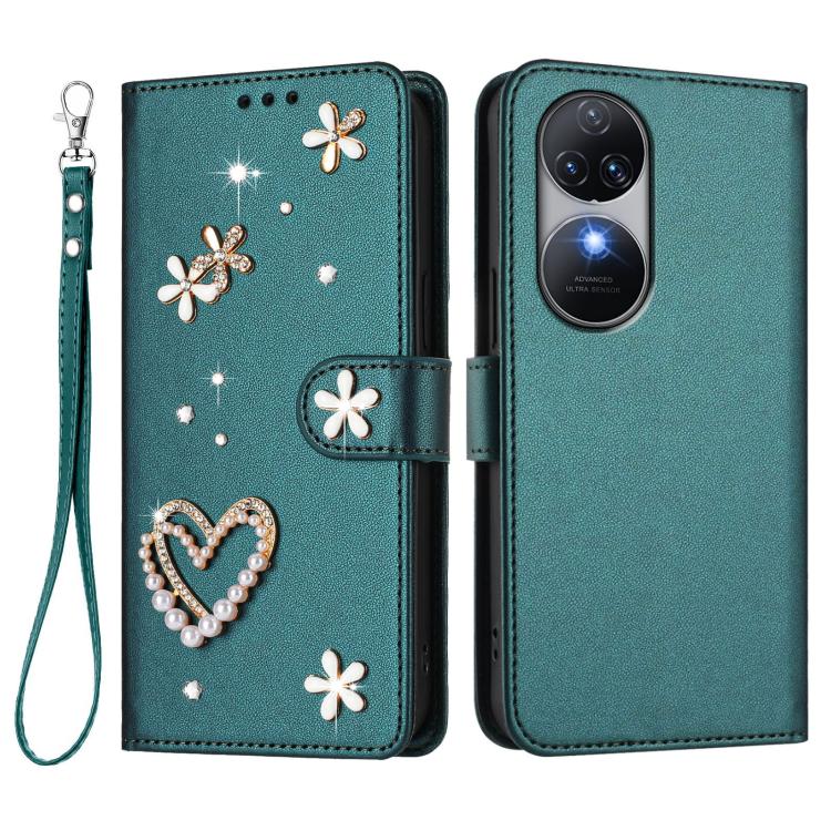 For Oukitel C38 ZS01 Double-Layer Heart Floral Vegan Leather Phone Case with Wrist Strap
