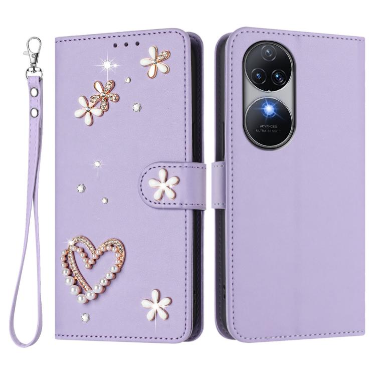 For Oukitel C38 ZS01 Double-Layer Heart Floral Vegan Leather Phone Case with Wrist Strap