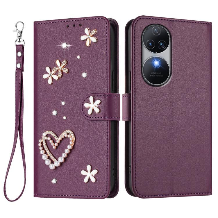 For Oukitel C38 ZS01 Double-Layer Heart Floral Vegan Leather Phone Case with Wrist Strap