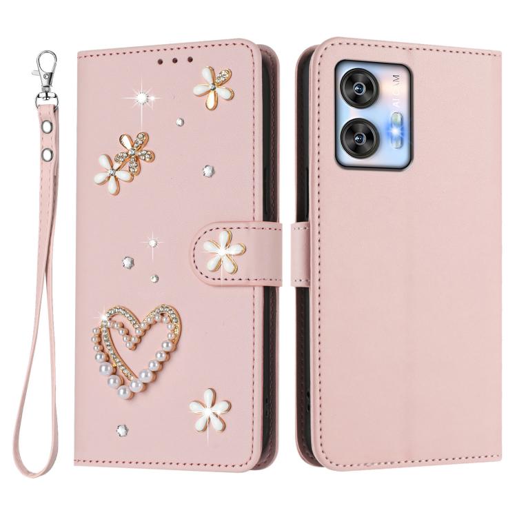 For Oukitel C35 / C36 ZS01 Double-Layer Heart Floral Vegan Leather Phone Case with Wrist Strap