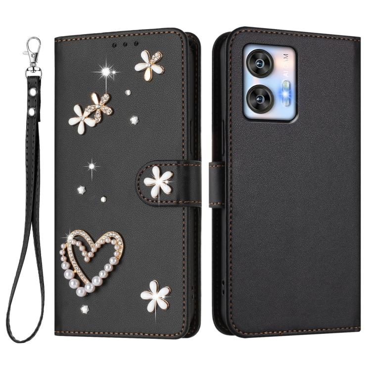 For Oukitel C35 / C36 ZS01 Double-Layer Heart Floral Vegan Leather Phone Case with Wrist Strap