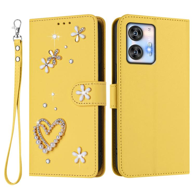 For Oukitel C35 / C36 ZS01 Double-Layer Heart Floral Vegan Leather Phone Case with Wrist Strap