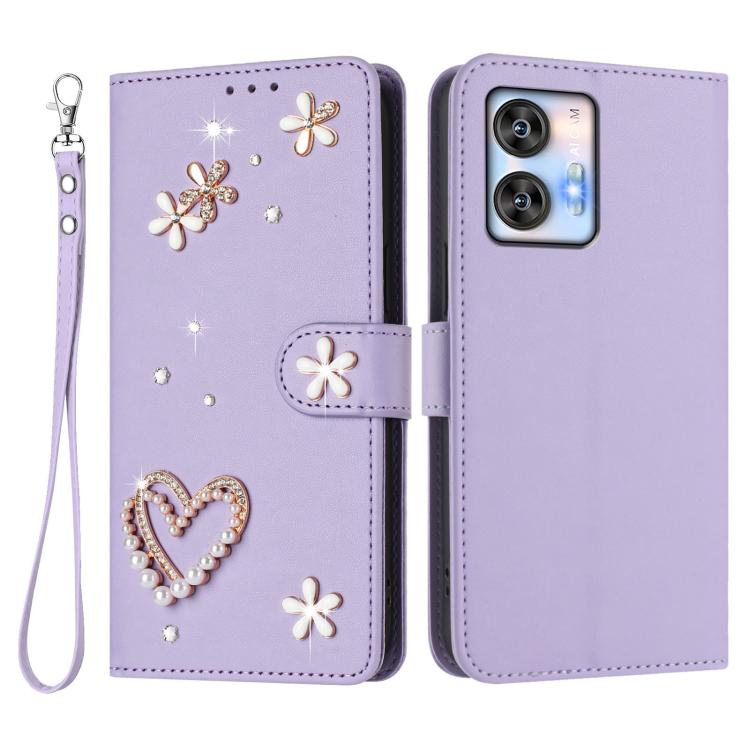 For Oukitel C35 / C36 ZS01 Double-Layer Heart Floral Vegan Leather Phone Case with Wrist Strap