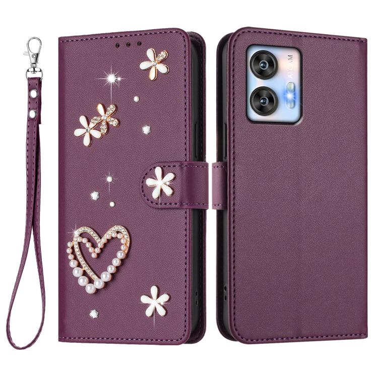 For Oukitel C35 / C36 ZS01 Double-Layer Heart Floral Vegan Leather Phone Case with Wrist Strap