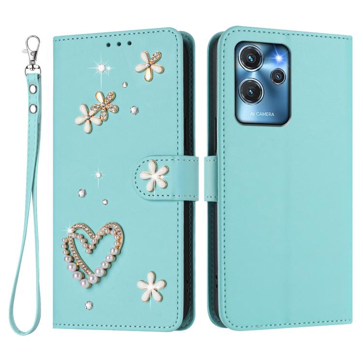 For Oukitel C32 / C32 Pro ZS01 Double-Layer Heart Floral Vegan Leather Phone Case with Wrist Strap