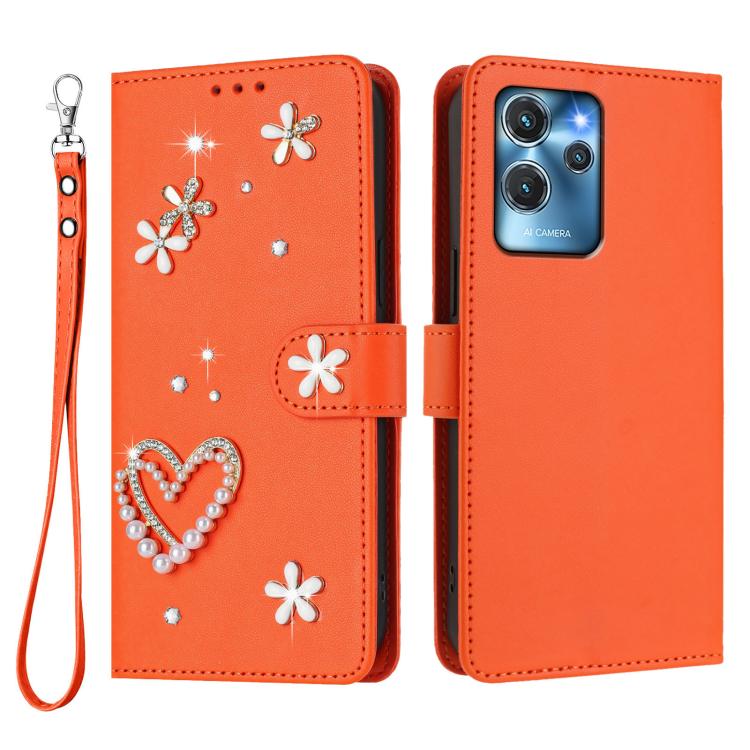 For Oukitel C32 / C32 Pro ZS01 Double-Layer Heart Floral Vegan Leather Phone Case with Wrist Strap