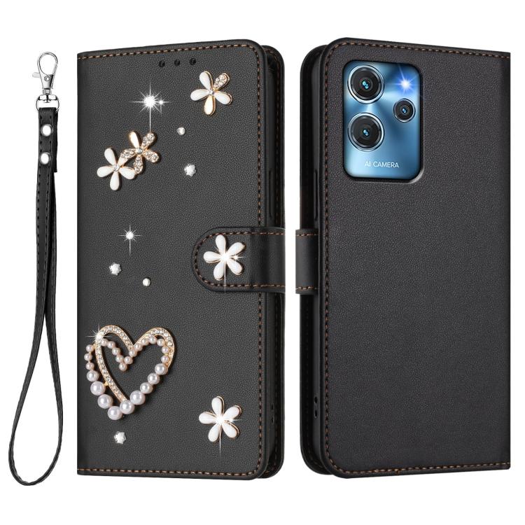 For Oukitel C32 / C32 Pro ZS01 Double-Layer Heart Floral Vegan Leather Phone Case with Wrist Strap