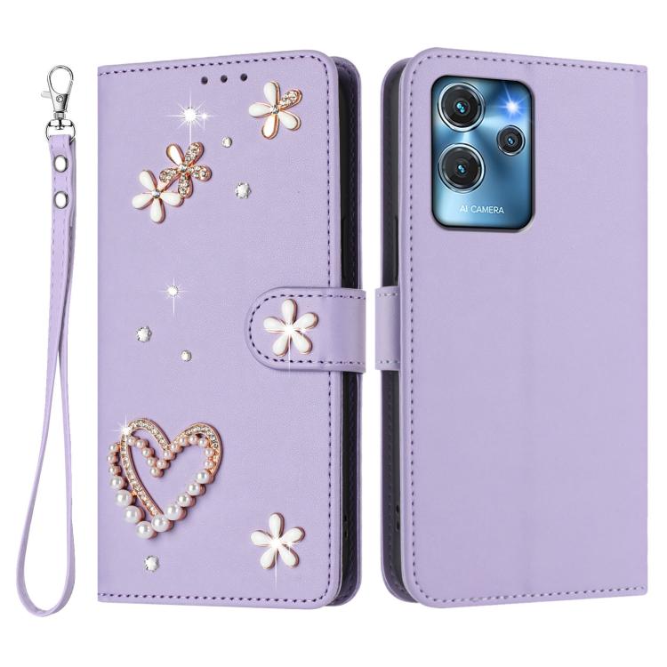 For Oukitel C32 / C32 Pro ZS01 Double-Layer Heart Floral Vegan Leather Phone Case with Wrist Strap