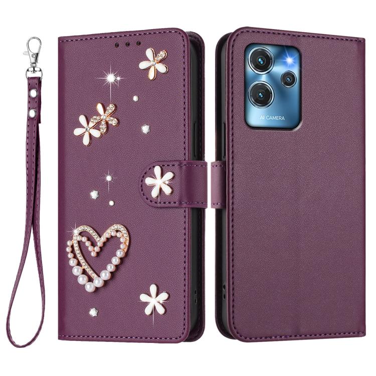For Oukitel C32 / C32 Pro ZS01 Double-Layer Heart Floral Vegan Leather Phone Case with Wrist Strap
