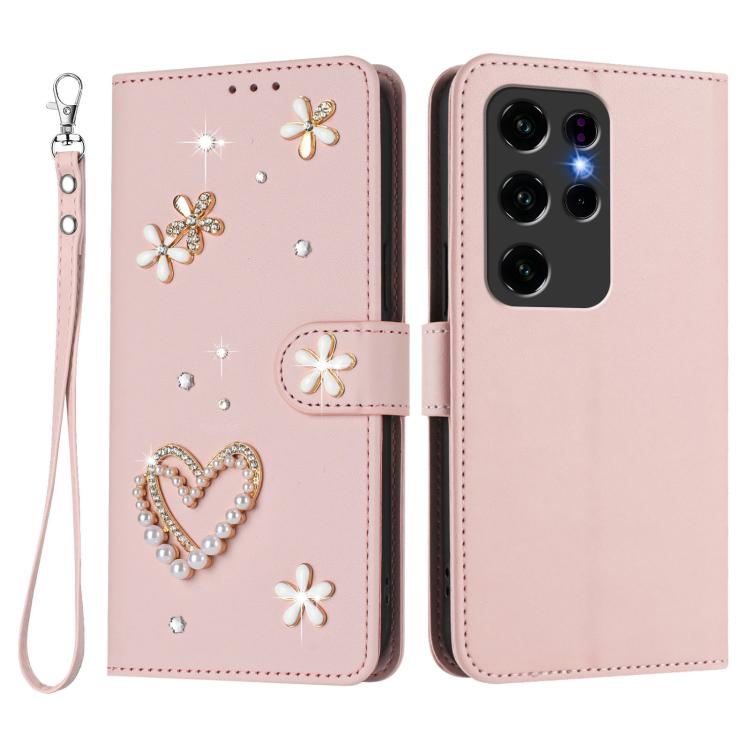 For Oukitel C2 ZS01 Double-Layer Heart Floral Vegan Leather Phone Case with Wrist Strap
