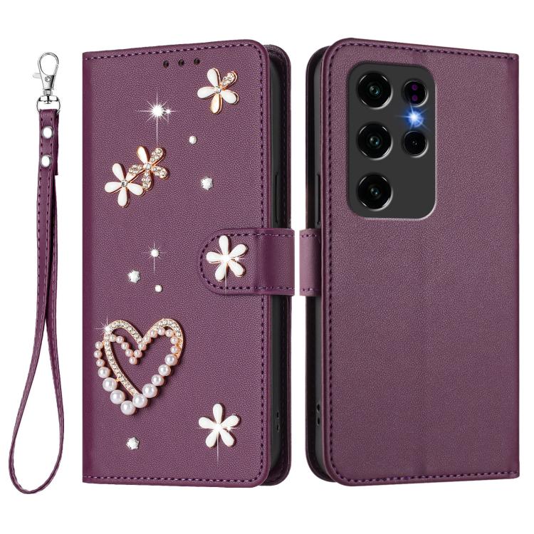 For Oukitel C2 ZS01 Double-Layer Heart Floral Vegan Leather Phone Case with Wrist Strap
