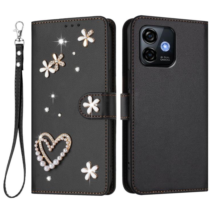 For Ulefone Note 16 Pro ZS01 Double-Layer Heart Floral Vegan Leather Phone Case with Wrist Strap