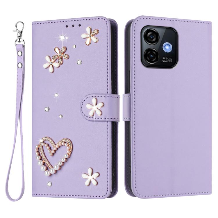 For Ulefone Note 16 Pro ZS01 Double-Layer Heart Floral Vegan Leather Phone Case with Wrist Strap