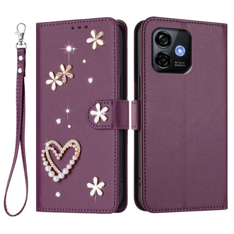 For Ulefone Note 16 Pro ZS01 Double-Layer Heart Floral Vegan Leather Phone Case with Wrist Strap