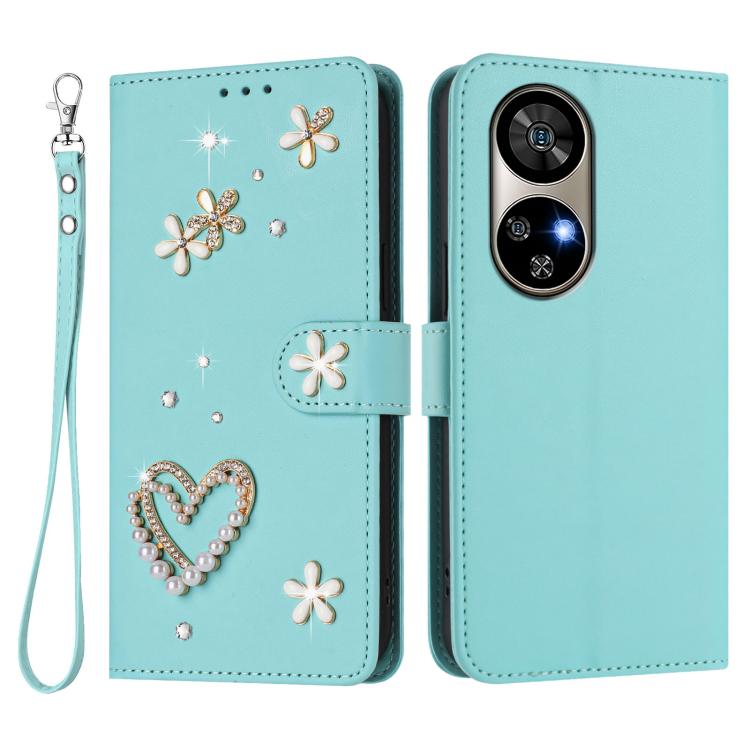 For Ulefone Note 17 Pro ZS01 Double-Layer Heart Floral Vegan Leather Phone Case with Wrist Strap