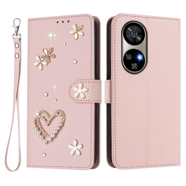 For Ulefone Note 17 Pro ZS01 Double-Layer Heart Floral Vegan Leather Phone Case with Wrist Strap