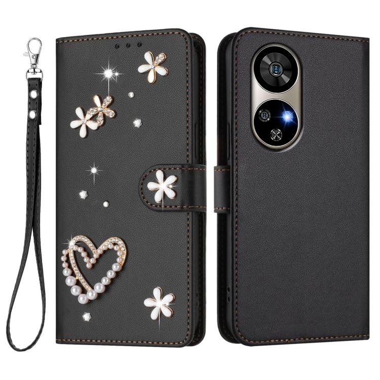 For Ulefone Note 17 Pro ZS01 Double-Layer Heart Floral Vegan Leather Phone Case with Wrist Strap