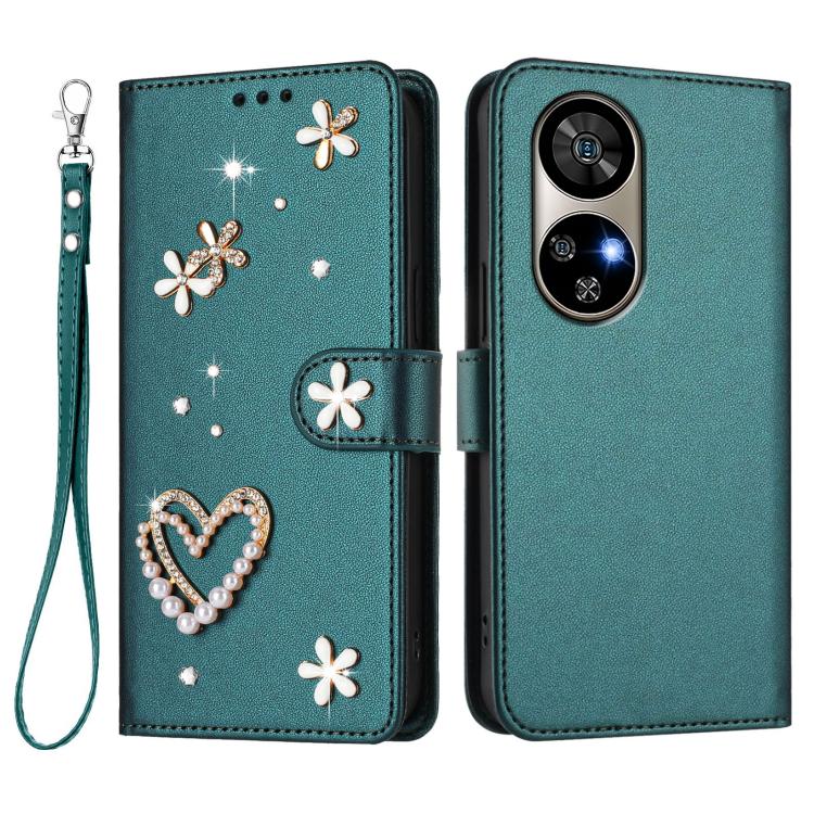 For Ulefone Note 17 Pro ZS01 Double-Layer Heart Floral Vegan Leather Phone Case with Wrist Strap