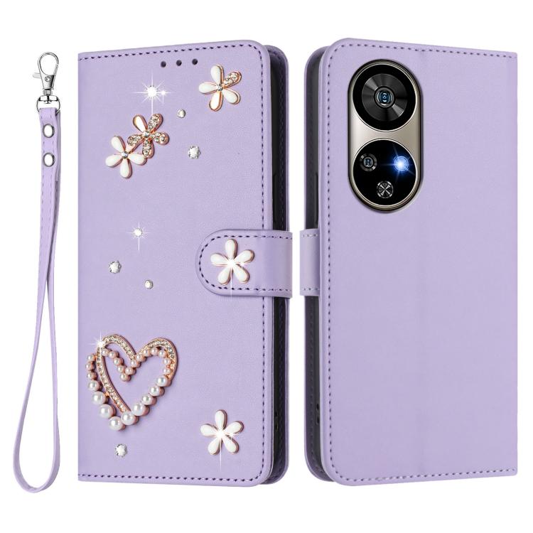 For Ulefone Note 17 Pro ZS01 Double-Layer Heart Floral Vegan Leather Phone Case with Wrist Strap