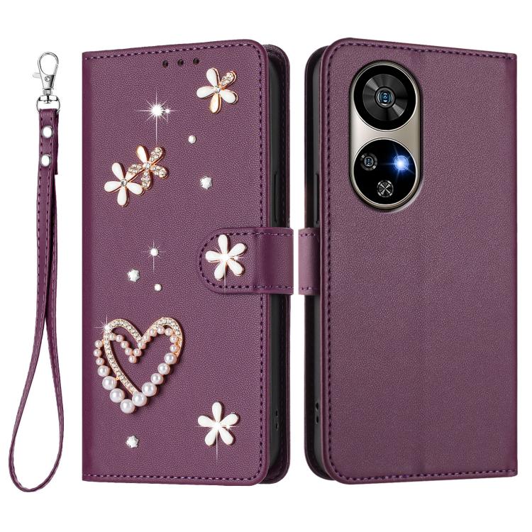 For Ulefone Note 17 Pro ZS01 Double-Layer Heart Floral Vegan Leather Phone Case with Wrist Strap