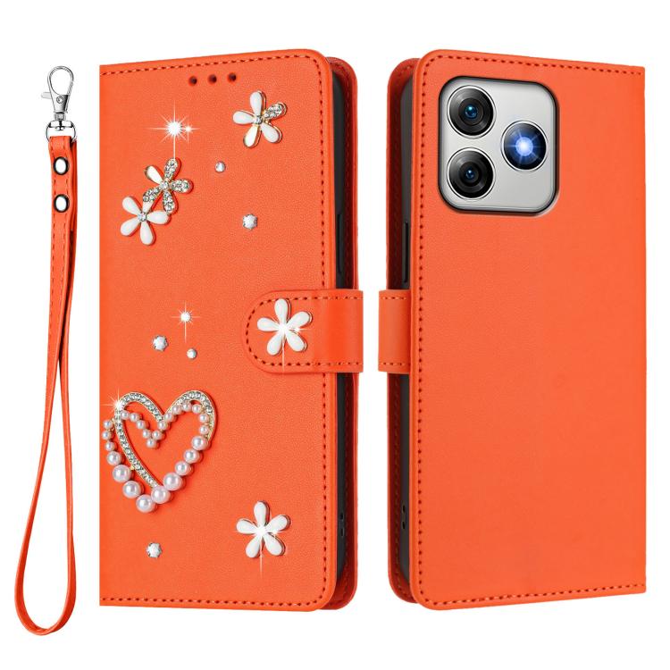 For Ulefone Note 18 Ultra/Note 18 Pro ZS01 Double-Layer Heart Floral Vegan Leather Phone Case with Wrist Strap