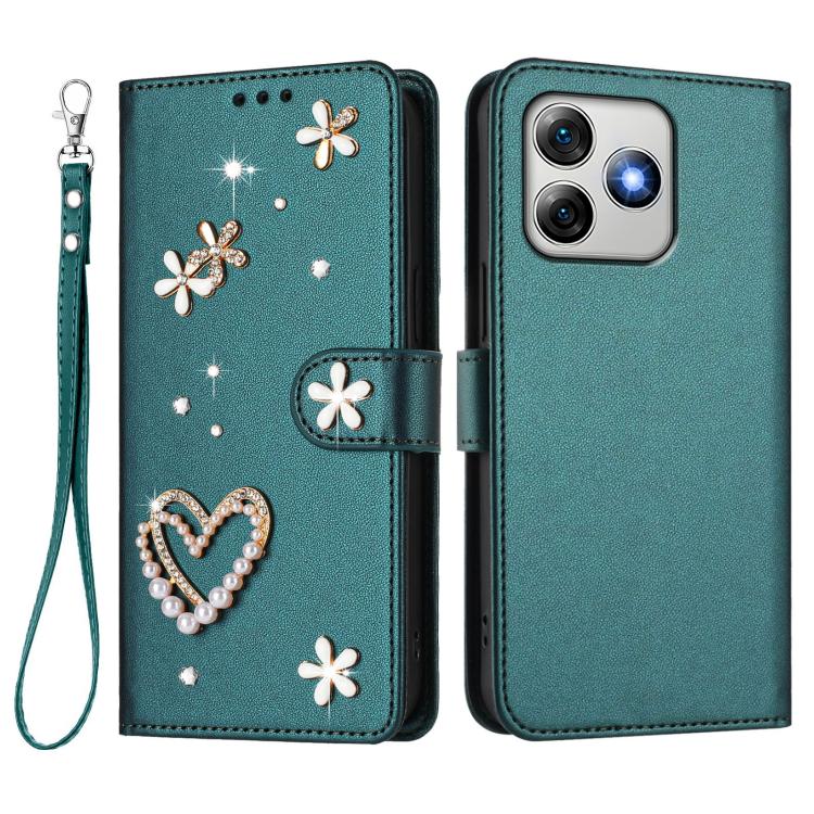 For Ulefone Note 18 Ultra/Note 18 Pro ZS01 Double-Layer Heart Floral Vegan Leather Phone Case with Wrist Strap