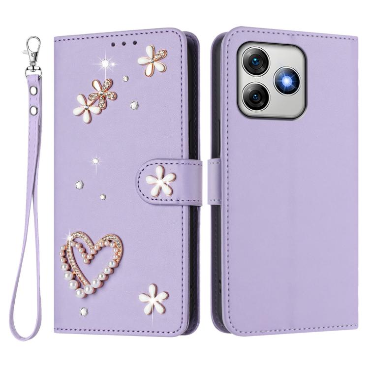For Ulefone Note 18 Ultra/Note 18 Pro ZS01 Double-Layer Heart Floral Vegan Leather Phone Case with Wrist Strap