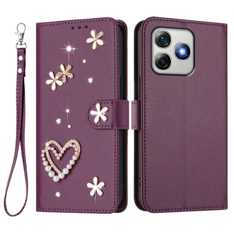 For Ulefone Note 18 Ultra/Note 18 Pro ZS01 Double-Layer Heart Floral Vegan Leather Phone Case with Wrist Strap