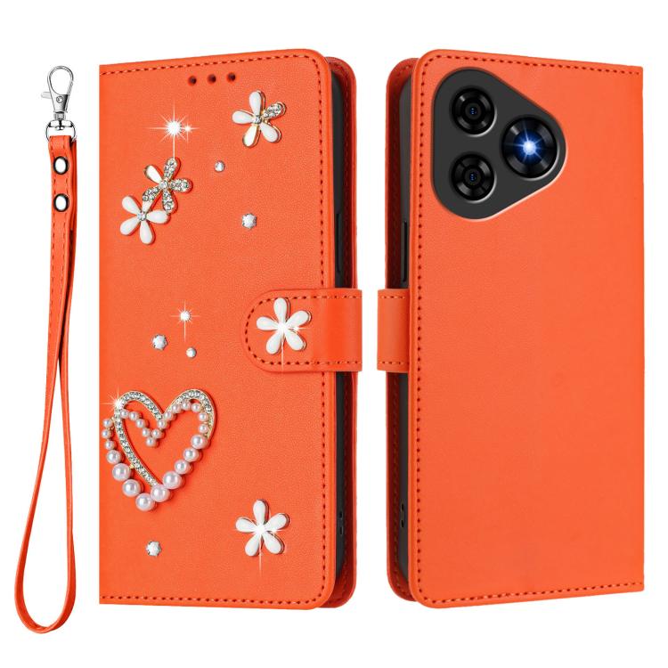 For Ulefone Note 19 ZS01 Double-Layer Heart Floral Vegan Leather Phone Case with Wrist Strap