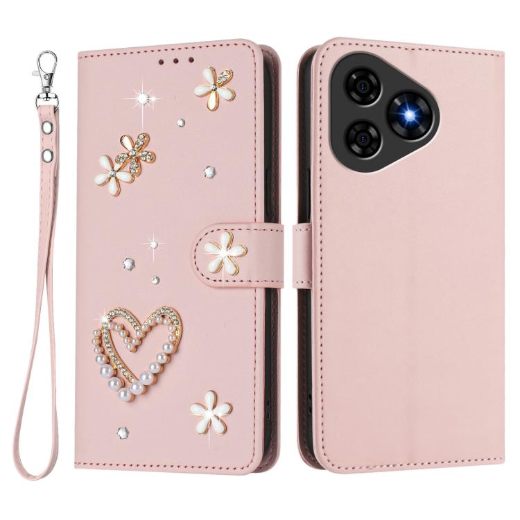 For Ulefone Note 19 ZS01 Double-Layer Heart Floral Vegan Leather Phone Case with Wrist Strap