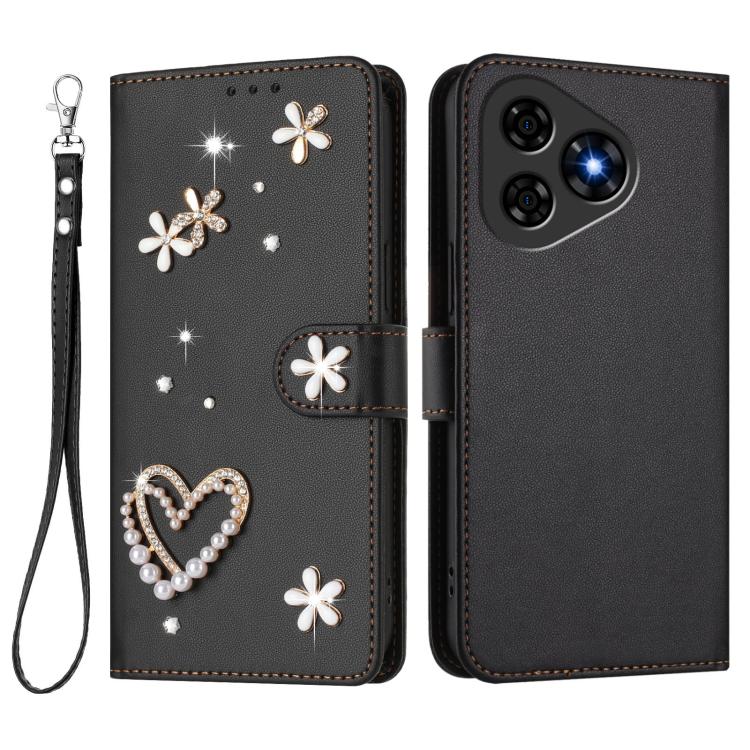 For Ulefone Note 19 ZS01 Double-Layer Heart Floral Vegan Leather Phone Case with Wrist Strap