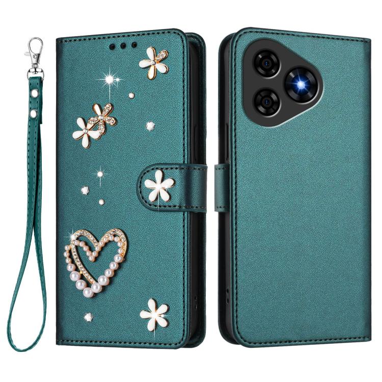 For Ulefone Note 19 ZS01 Double-Layer Heart Floral Vegan Leather Phone Case with Wrist Strap