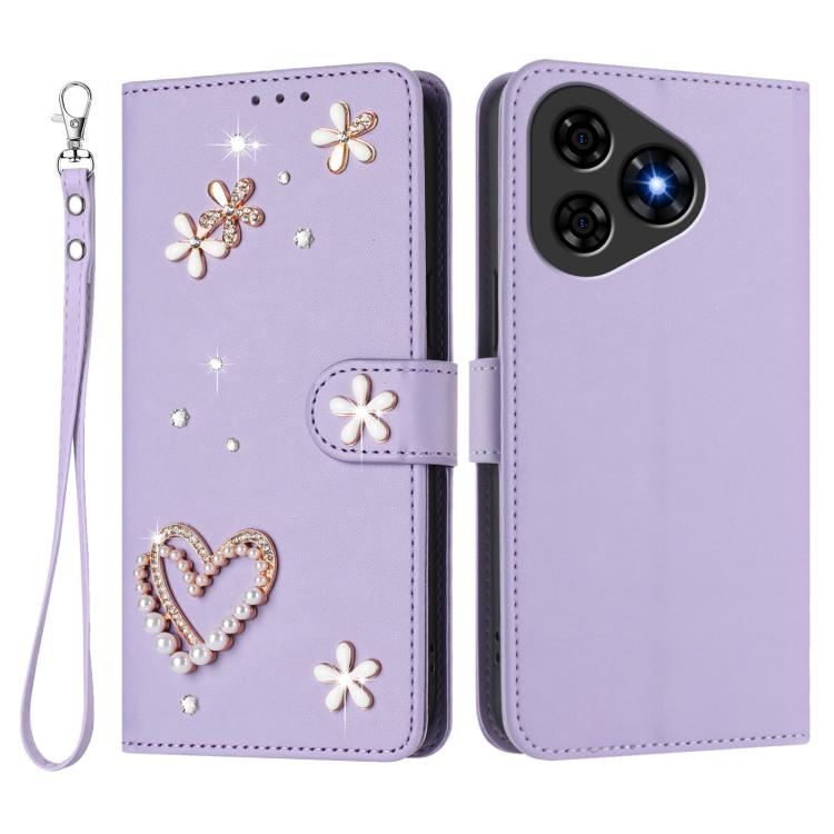 For Ulefone Note 19 ZS01 Double-Layer Heart Floral Vegan Leather Phone Case with Wrist Strap