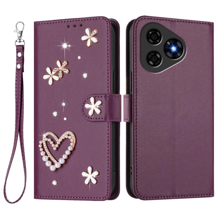 For Ulefone Note 19 ZS01 Double-Layer Heart Floral Vegan Leather Phone Case with Wrist Strap