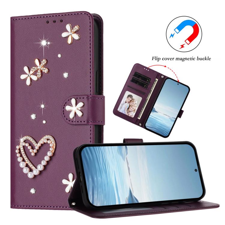 For Ulefone Note 19 ZS01 Double-Layer Heart Floral Vegan Leather Phone Case with Wrist Strap