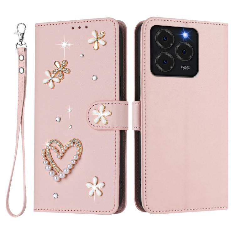 For Ulefone Note 20 Pro ZS01 Double-Layer Heart Floral Vegan Leather Phone Case with Wrist Strap