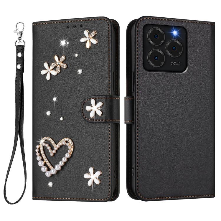 For Ulefone Note 20 Pro ZS01 Double-Layer Heart Floral Vegan Leather Phone Case with Wrist Strap