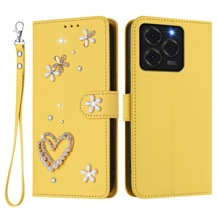 For Ulefone Note 20 Pro ZS01 Double-Layer Heart Floral Vegan Leather Phone Case with Wrist Strap