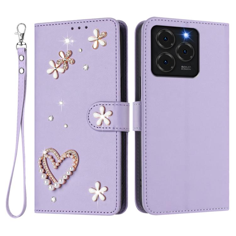 For Ulefone Note 20 Pro ZS01 Double-Layer Heart Floral Vegan Leather Phone Case with Wrist Strap
