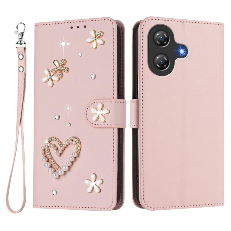 For Ulefone Note 21 ZS01 Double-Layer Heart Floral Vegan Leather Phone Case with Wrist Strap