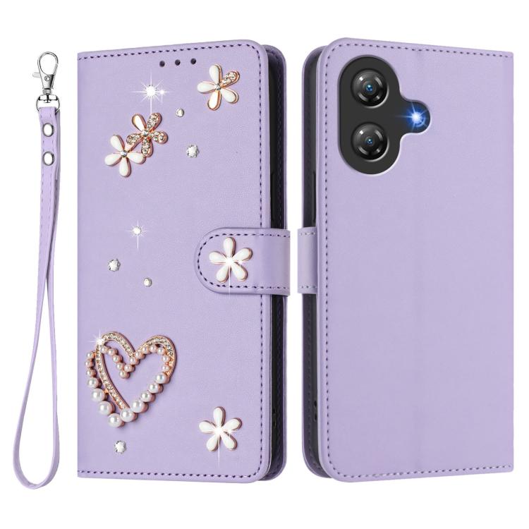 For Ulefone Note 21 ZS01 Double-Layer Heart Floral Vegan Leather Phone Case with Wrist Strap