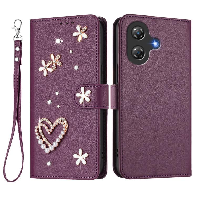 For Ulefone Note 21 ZS01 Double-Layer Heart Floral Vegan Leather Phone Case with Wrist Strap