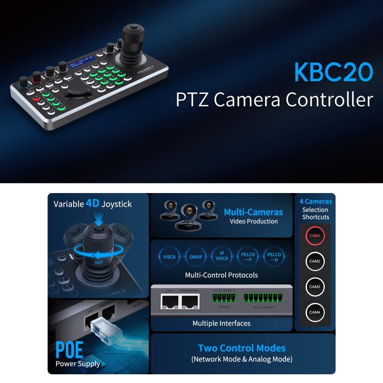 FEELWORLD KBC20 NDI PTZ Camera Controller Joystick Keyboard Control Multiple Control Protocol PoE Supported, Power Plug:AU Plug - Black