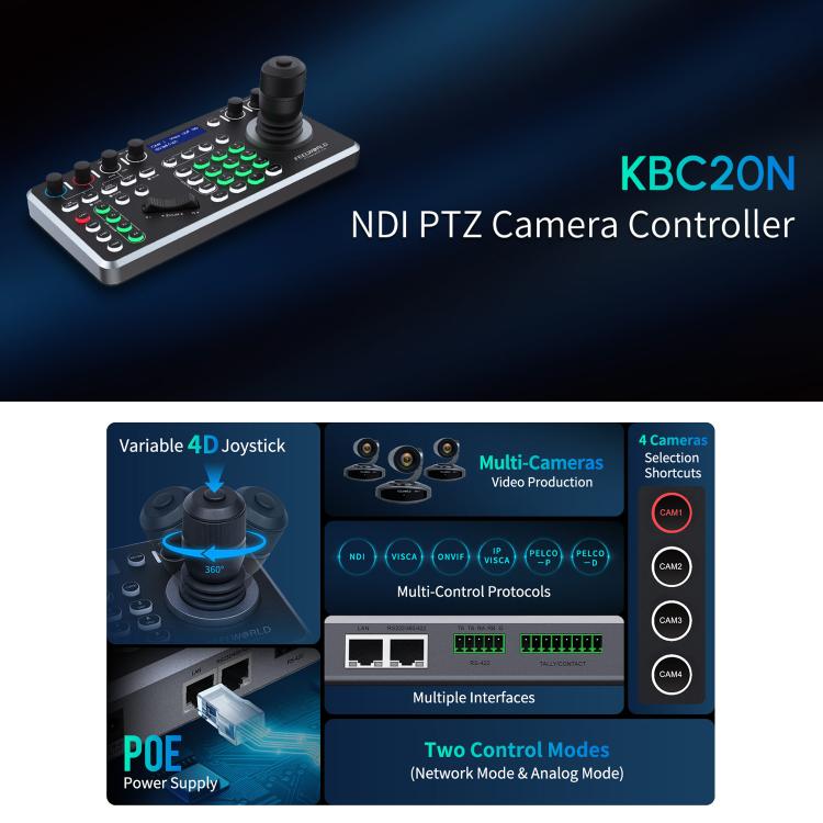 FEELWORLD KBC20N NDI PTZ Camera Controller Joystick Keyboard Control Multiple Control Protocol PoE Supported, Power Plug:AU Plug - Black