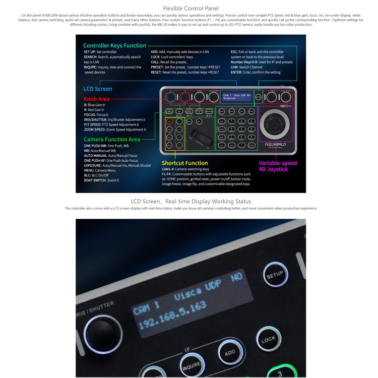 FEELWORLD KBC20N NDI PTZ Camera Controller Joystick Keyboard Control Multiple Control Protocol PoE Supported, Power Plug:AU Plug - Black