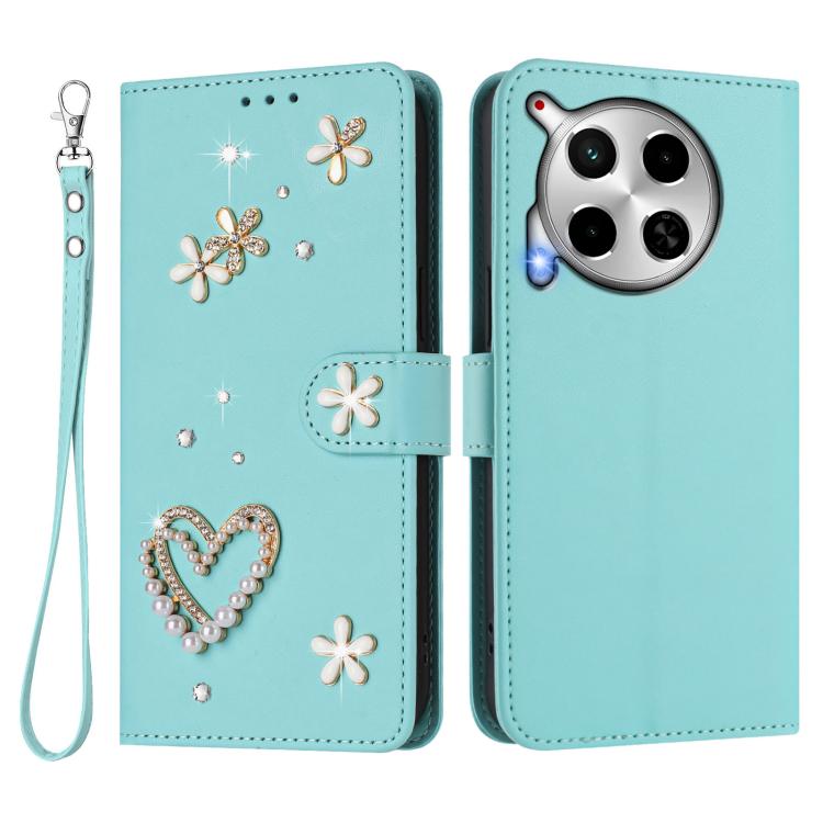 For Tecno Camon 30 4G / 5G ZS01 Double-Layer Heart Floral Vegan Leather Phone Case with Wrist Strap