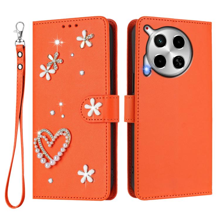 For Tecno Camon 30 4G / 5G ZS01 Double-Layer Heart Floral Vegan Leather Phone Case with Wrist Strap