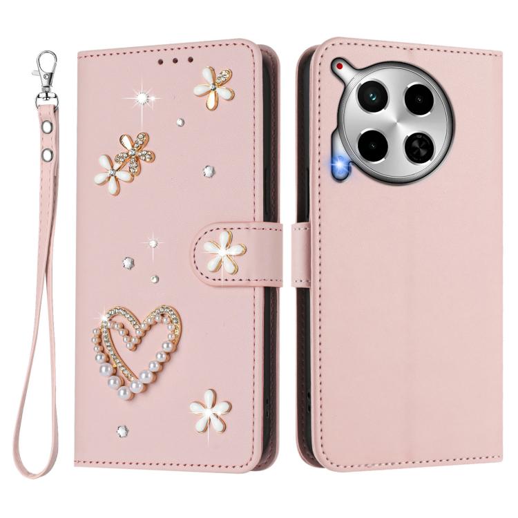 For Tecno Camon 30 4G / 5G ZS01 Double-Layer Heart Floral Vegan Leather Phone Case with Wrist Strap